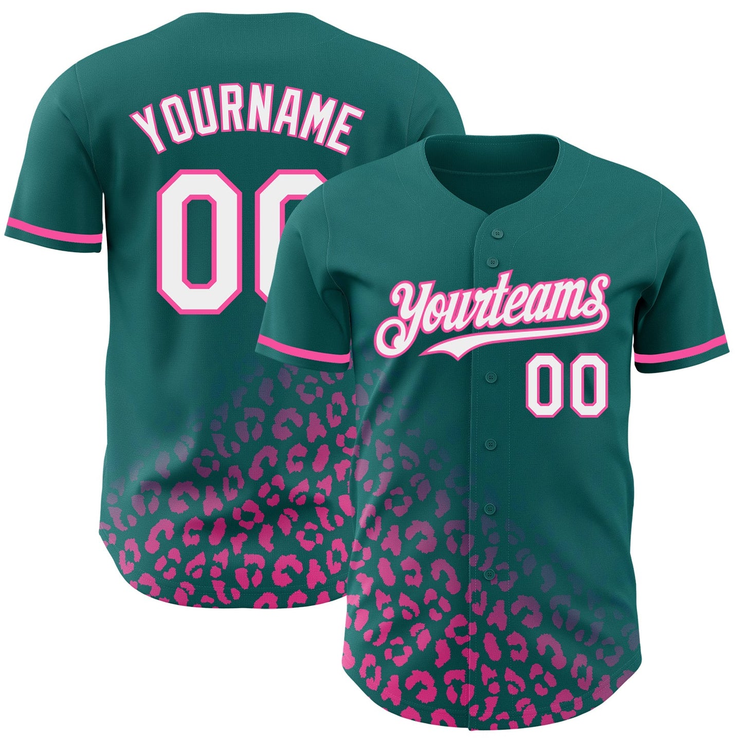 Custom Teal White-Pink 3D Pattern Design Leopard Print Fade Fashion Authentic Baseball Jersey - Main View