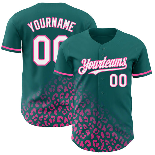 Custom Teal White-Pink 3D Pattern Design Leopard Print Fade Fashion Authentic Baseball Jersey - Main View