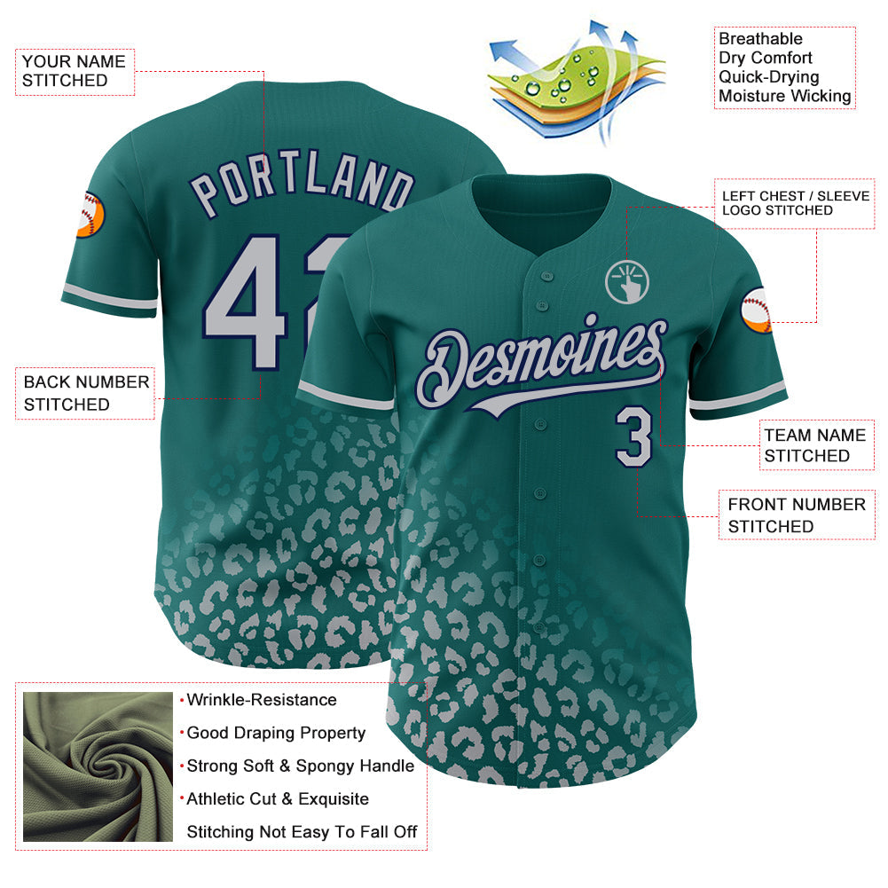 Custom Teal Gray-Navy 3D Pattern Design Leopard Print Fade Fashion Authentic Baseball Jersey view 3