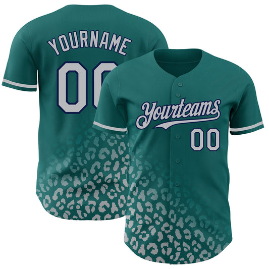 Custom Teal Gray-Navy 3D Pattern Design Leopard Print Fade Fashion Authentic Baseball Jersey - Main View