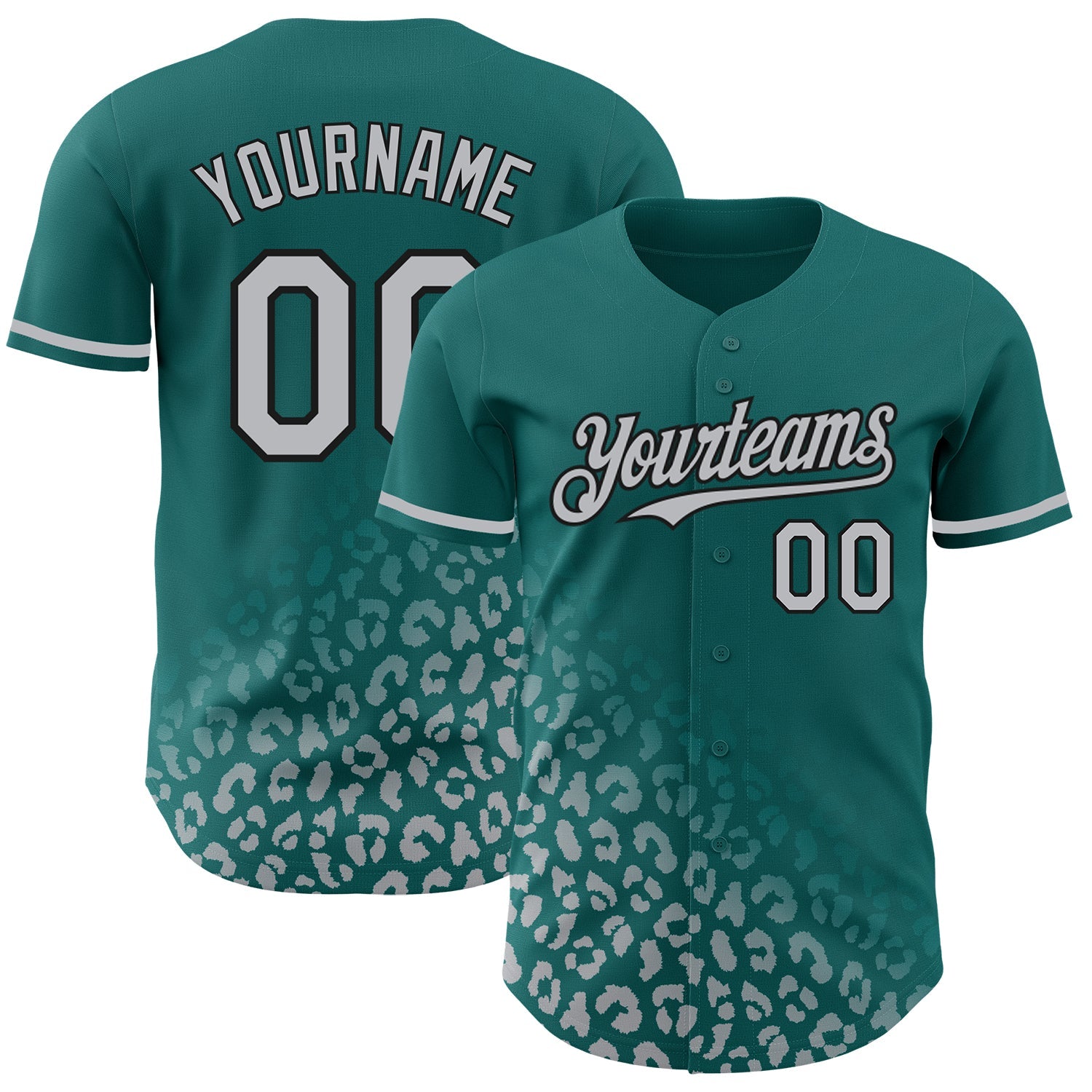 Custom Teal Gray-Black 3D Pattern Design Leopard Print Fade Fashion Authentic Baseball Jersey - Main View