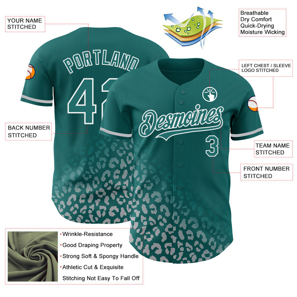 Custom Teal White 3D Pattern Design Leopard Print Fade Fashion Authentic Baseball Jersey view 3