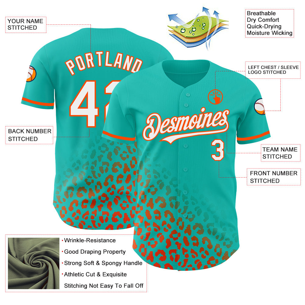 Custom Aqua White-Orange 3D Pattern Design Leopard Print Fade Fashion Authentic Baseball Jersey view 3