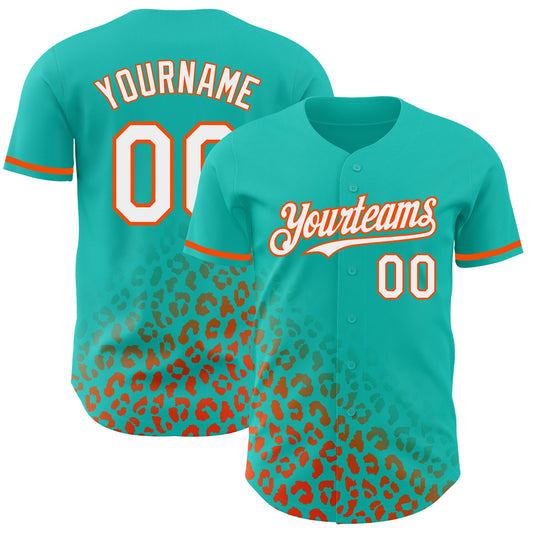 Custom Aqua White-Orange 3D Pattern Design Leopard Print Fade Fashion Authentic Baseball Jersey - Main View