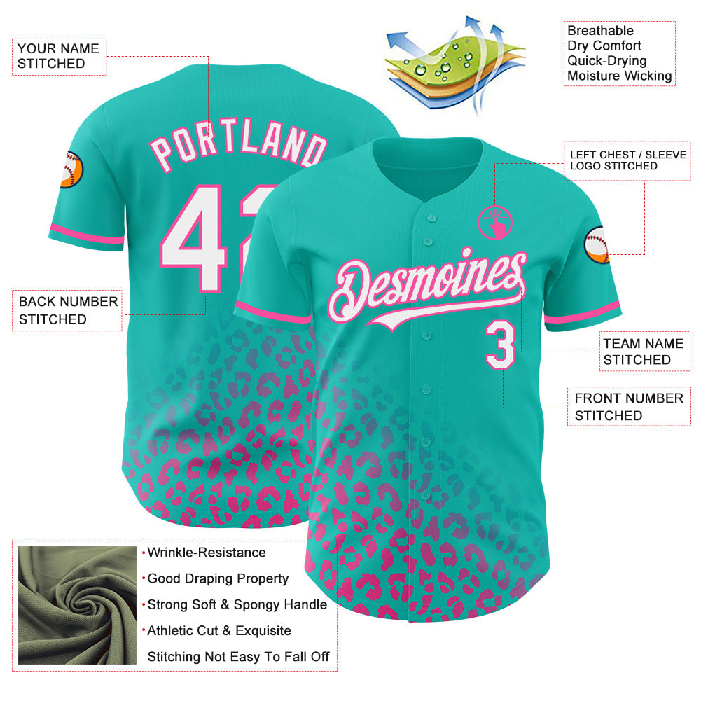 Custom Teal White-Pink 3D Pattern Design Leopard Print Fade Fashion Authentic Baseball Jersey view 3