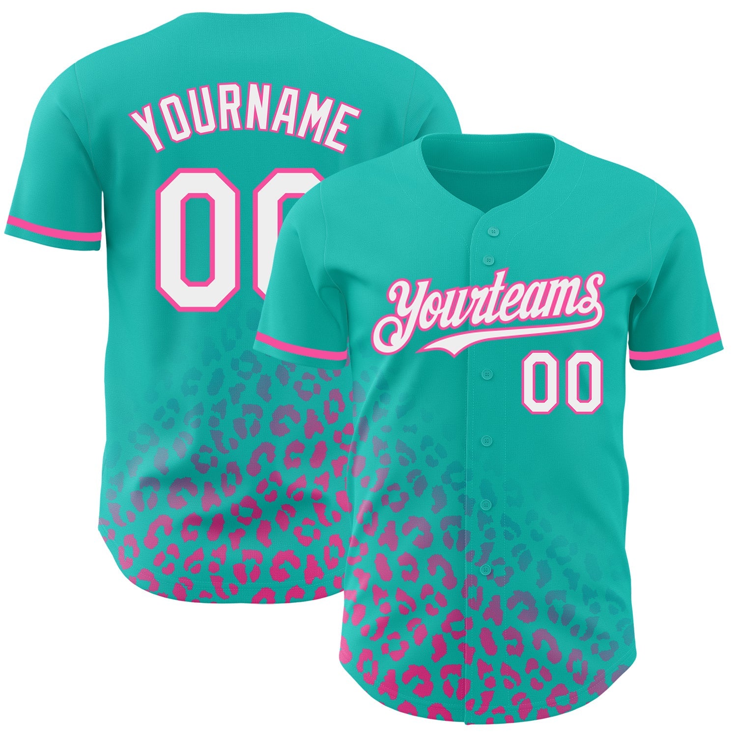 Custom Teal White-Pink 3D Pattern Design Leopard Print Fade Fashion Authentic Baseball Jersey - Main View