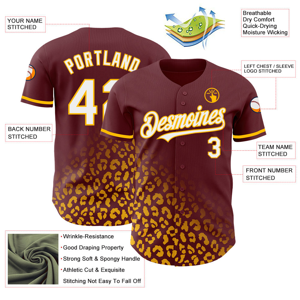 Custom Burgundy White-Gold 3D Pattern Design Leopard Print Fade Fashion Authentic Baseball Jersey view 3