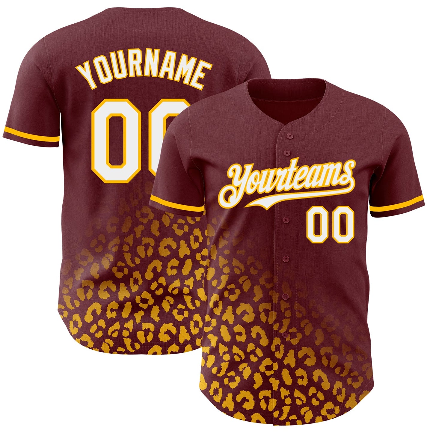 Custom Burgundy White-Gold 3D Pattern Design Leopard Print Fade Fashion Authentic Baseball Jersey - Main View