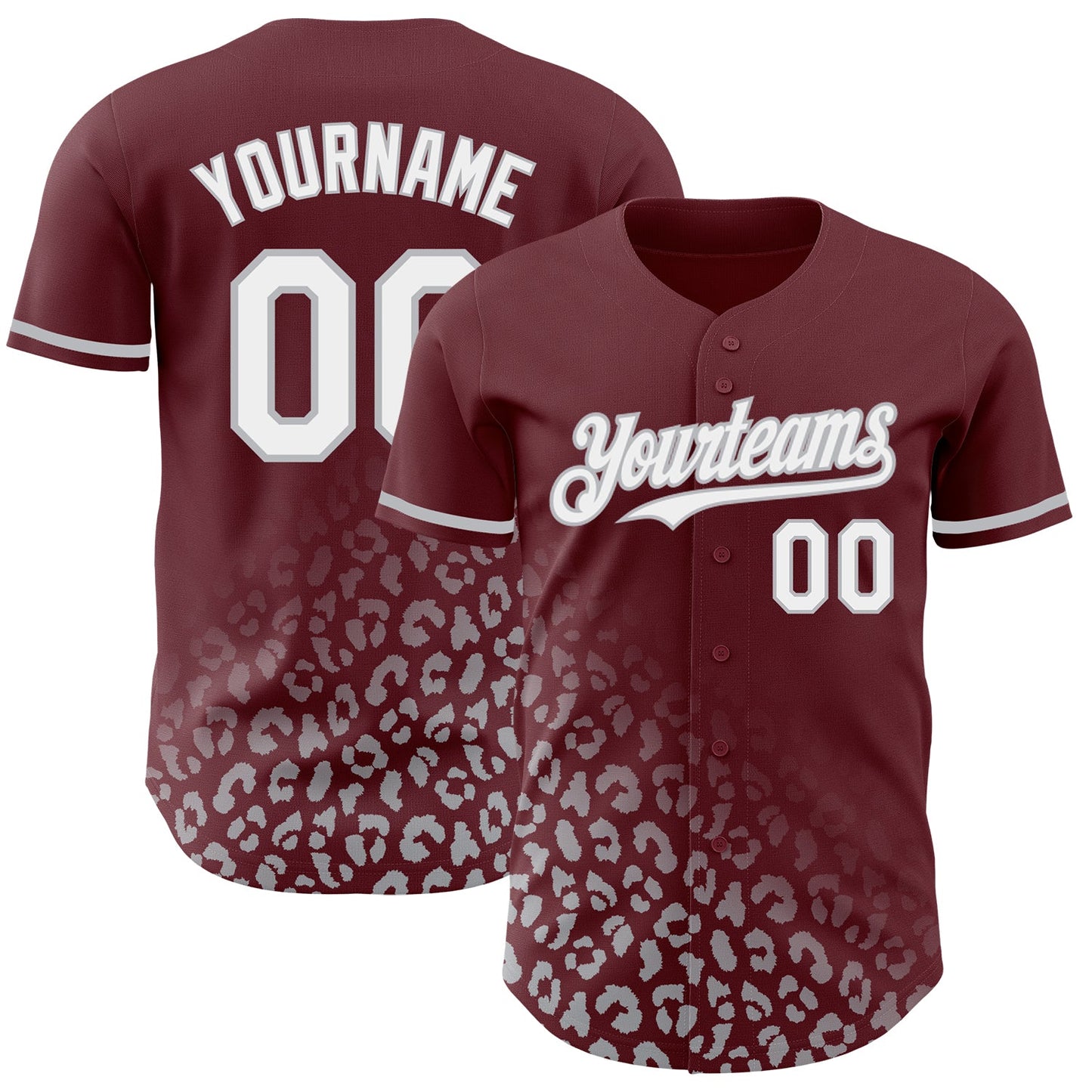 Custom Burgundy White-Gray 3D Pattern Design Leopard Print Fade Fashion Authentic Baseball Jersey - Main View