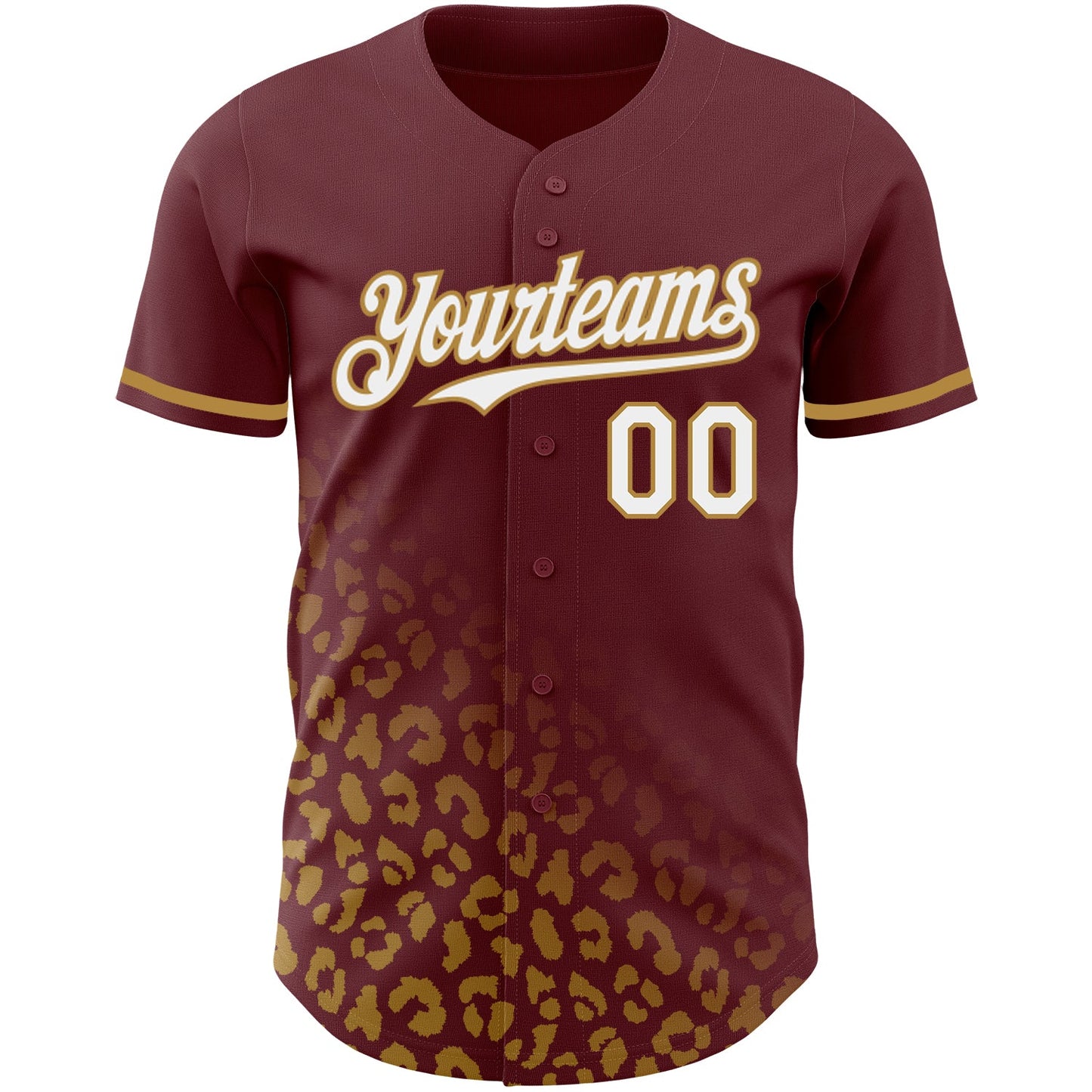 Custom Burgundy White-Old Gold 3D Pattern Design Leopard Print Fade Fashion Authentic Baseball Jersey view 2