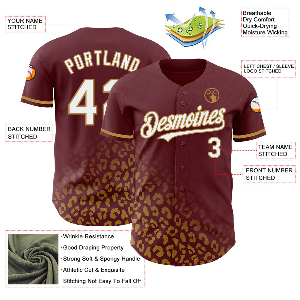 Custom Burgundy White-Old Gold 3D Pattern Design Leopard Print Fade Fashion Authentic Baseball Jersey view 3