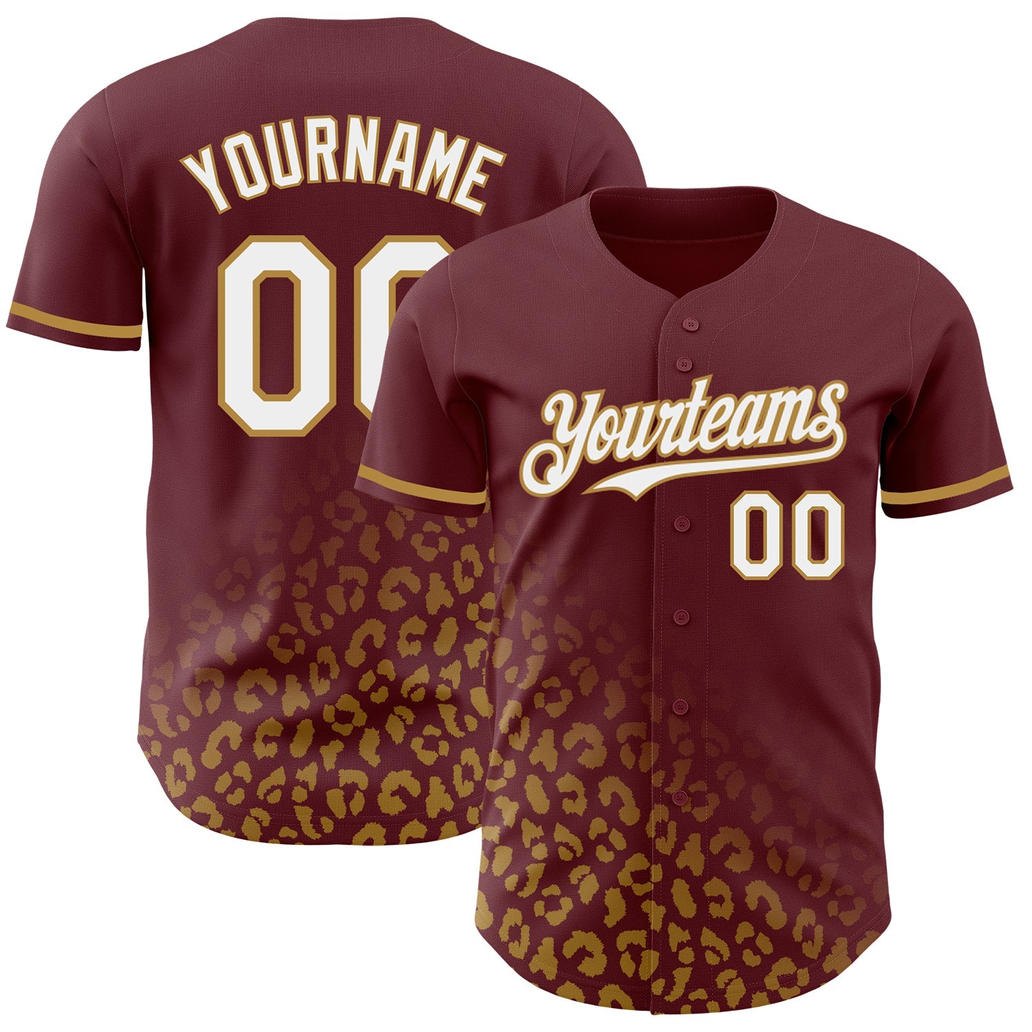 Custom Burgundy White-Old Gold 3D Pattern Design Leopard Print Fade Fashion Authentic Baseball Jersey - Main View