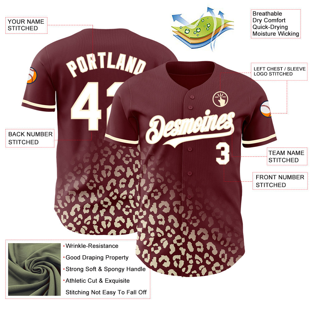 Custom Burgundy White-Cream 3D Pattern Design Leopard Print Fade Fashion Authentic Baseball Jersey view 3