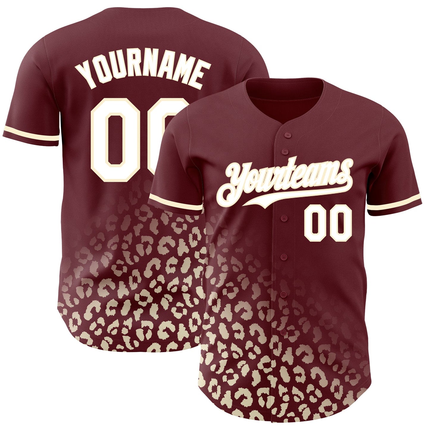 Custom Burgundy White-Cream 3D Pattern Design Leopard Print Fade Fashion Authentic Baseball Jersey - Main View