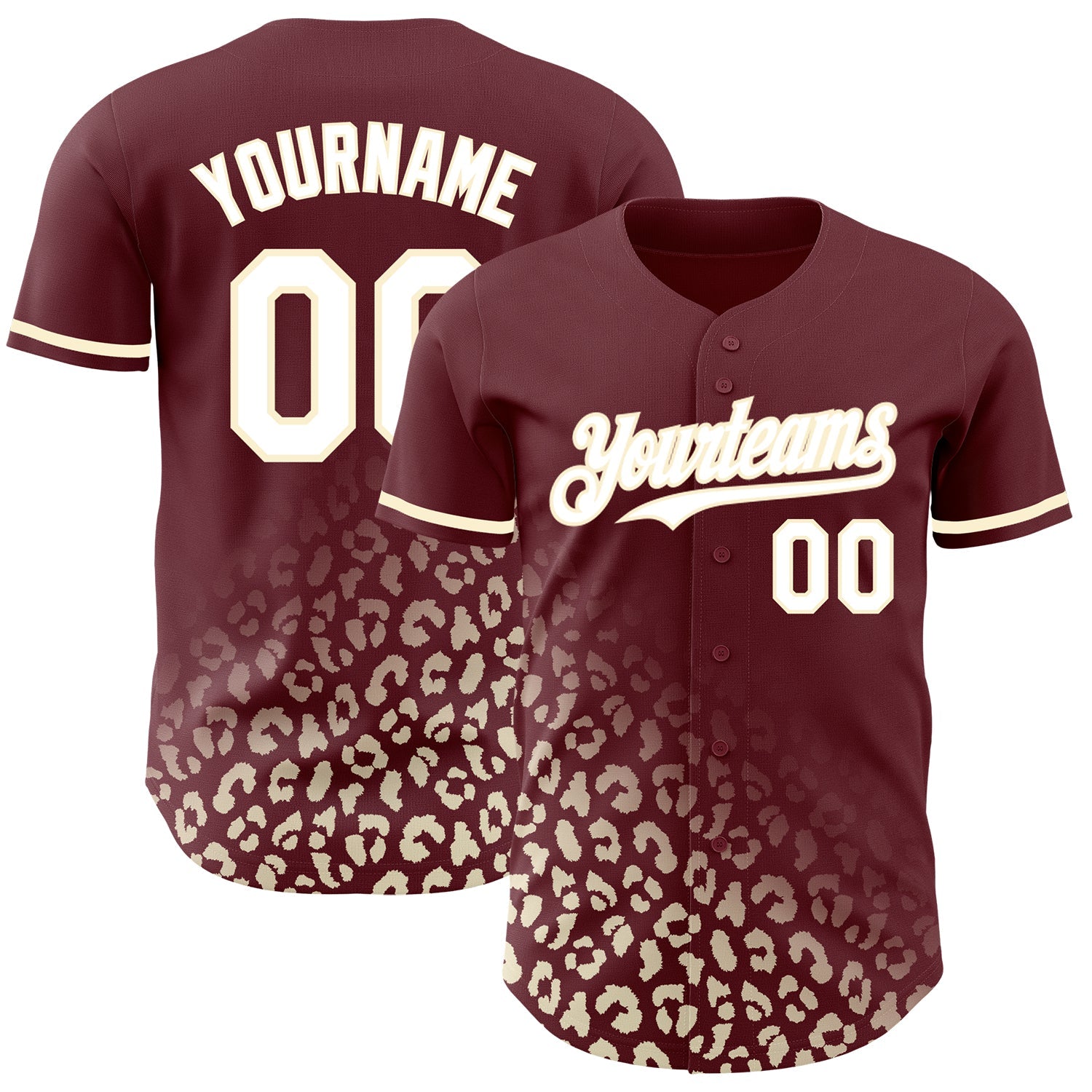 Custom Burgundy White-Cream 3D Pattern Design Leopard Print Fade Fashion Authentic Baseball Jersey - Main View
