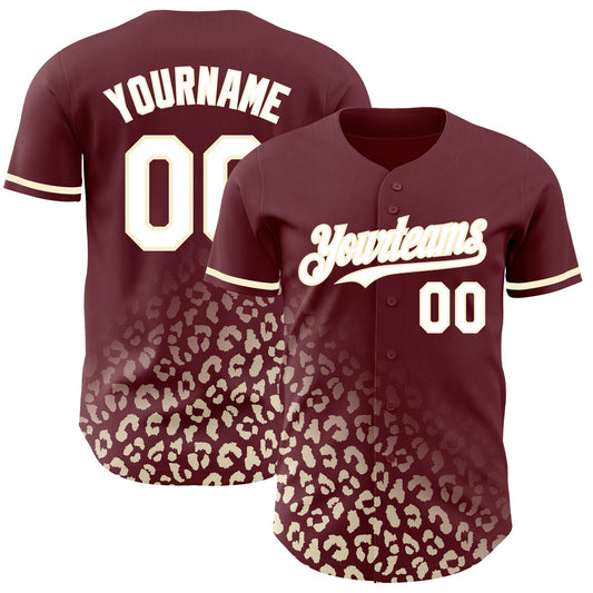 Custom Burgundy White-Cream 3D Pattern Design Leopard Print Fade Fashion Authentic Baseball Jersey - Main View