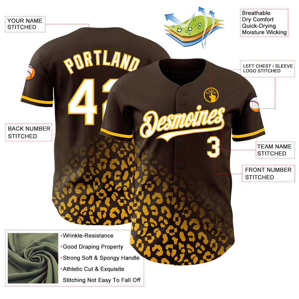 Custom Brown White-Gold 3D Pattern Design Leopard Print Fade Fashion Authentic Baseball Jersey view 3