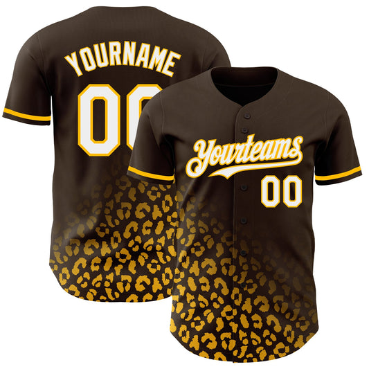 Custom Brown White-Gold 3D Pattern Design Leopard Print Fade Fashion Authentic Baseball Jersey - Main View