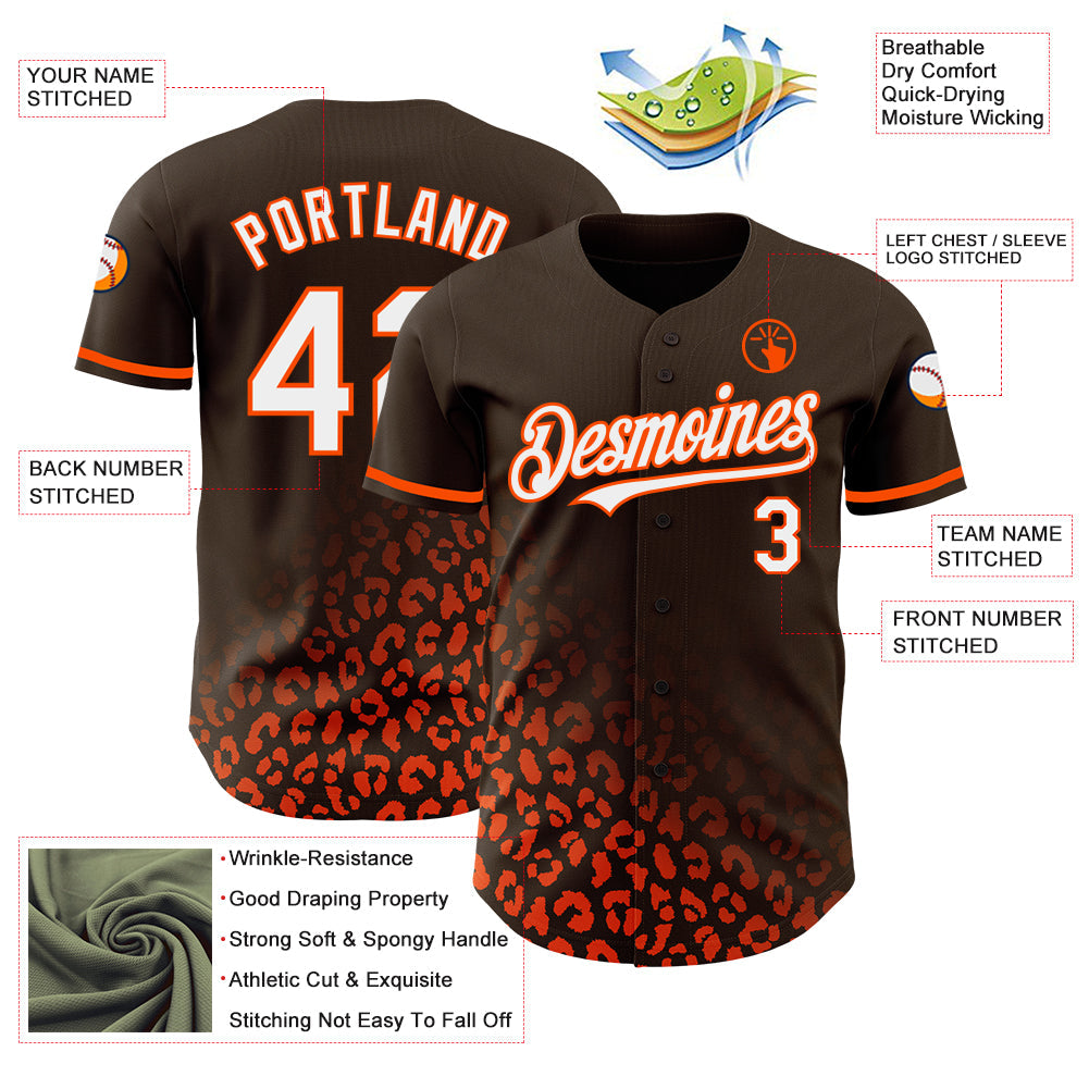 Custom Brown White-Orange 3D Pattern Design Leopard Print Fade Fashion Authentic Baseball Jersey view 3