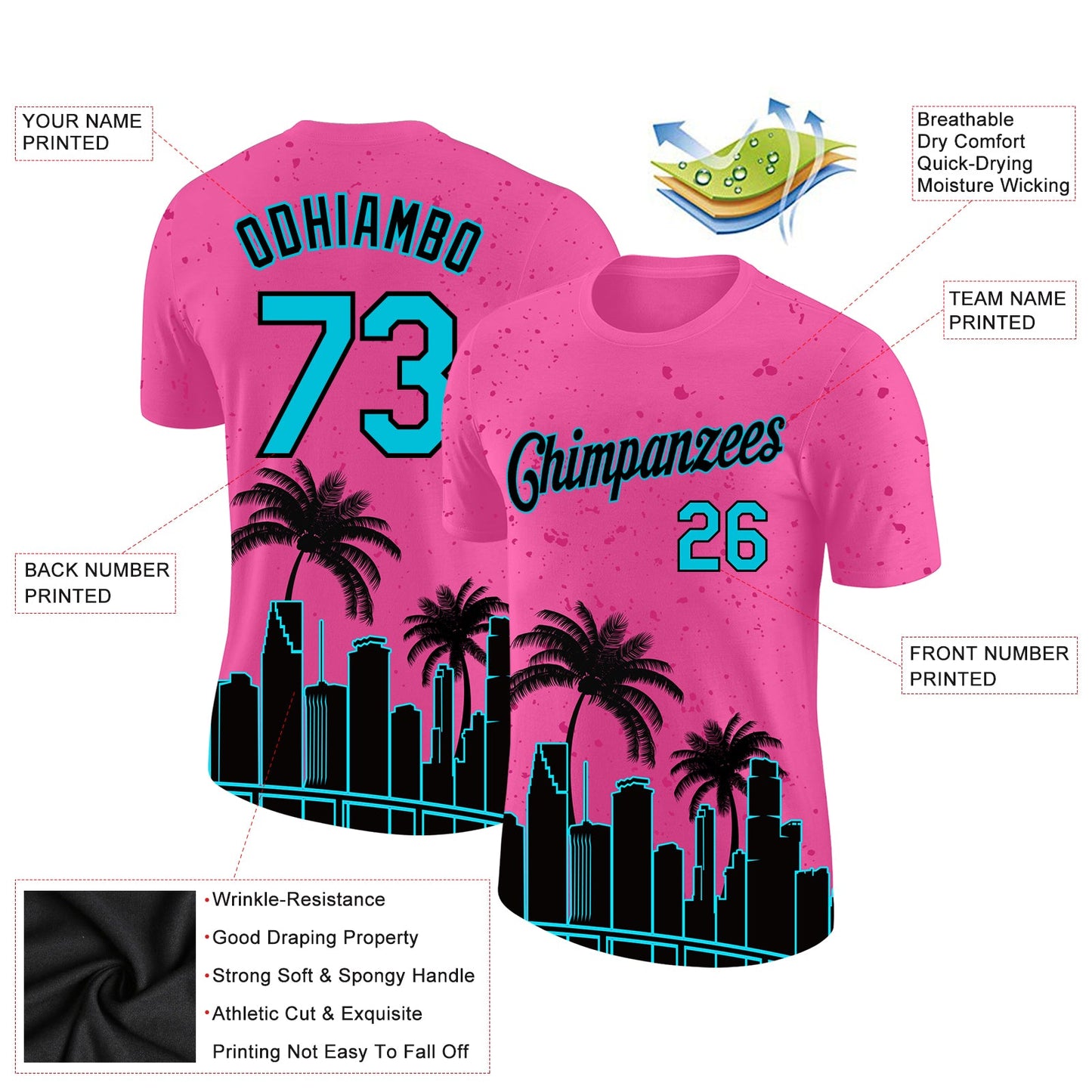 Custom Pink Lakes Blue-Black 3D Pattern Design Miami Palm Trees City Edition Performance T-Shirt view 2