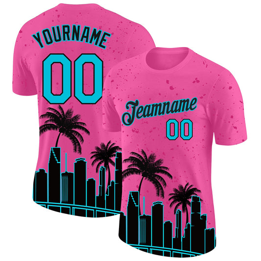Custom Pink Lakes Blue-Black 3D Pattern Design Miami Palm Trees City Edition Performance T-Shirt - Main View