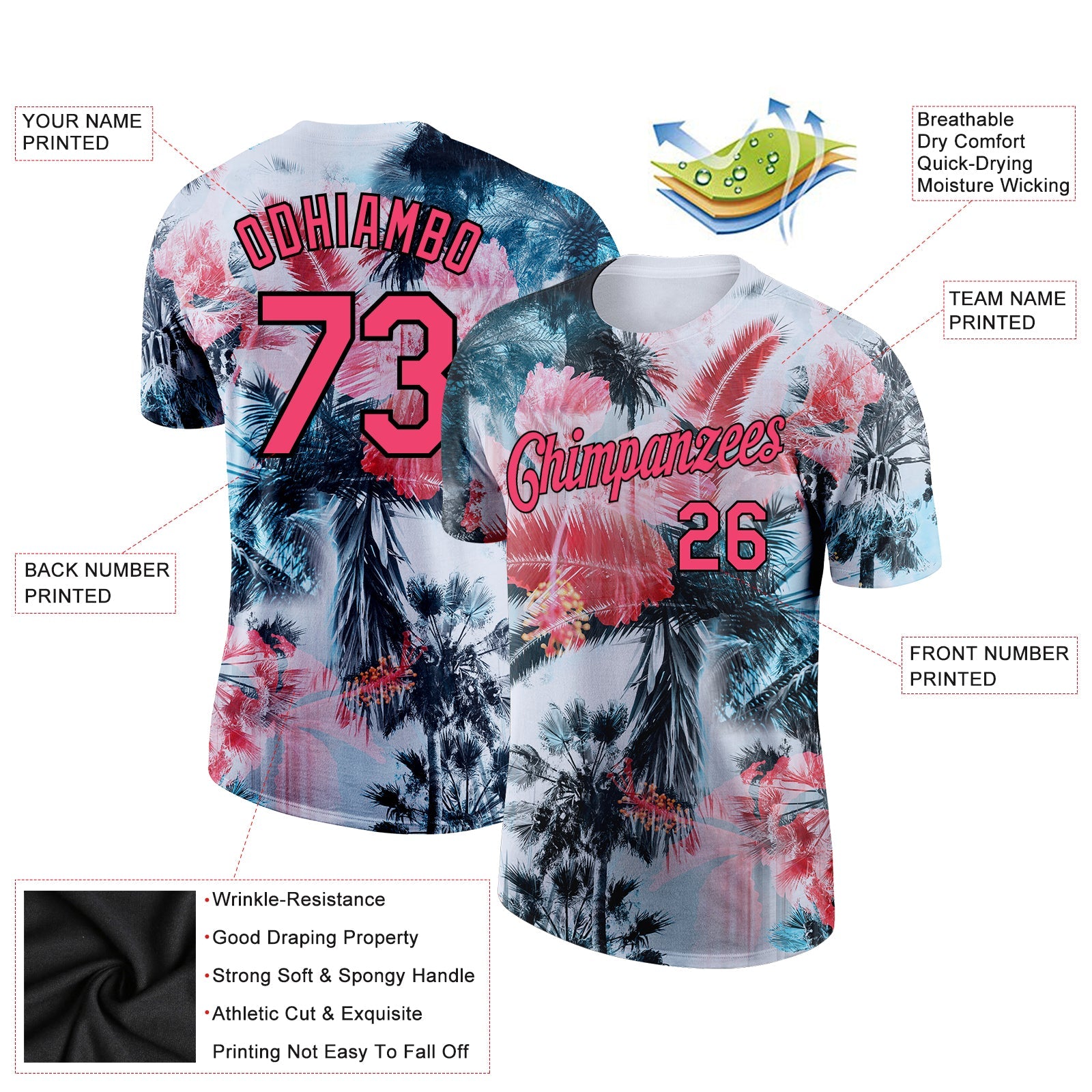 Custom White Neon Pink-Black 3D Pattern Design Hawaii Palm Trees Performance T-Shirt view 2