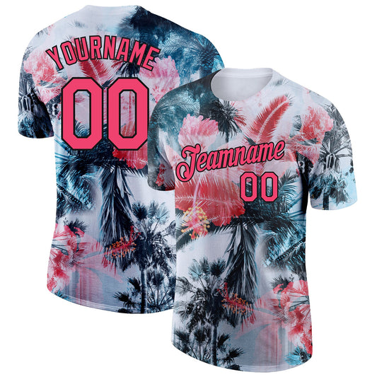 Custom White Neon Pink-Black 3D Pattern Design Hawaii Palm Trees Performance T-Shirt - Main View