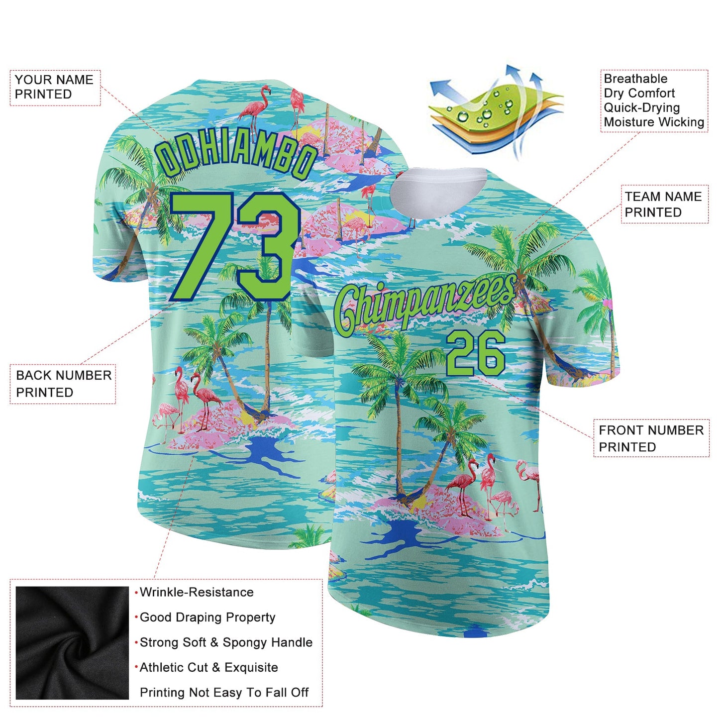 Custom Lakes Blue Neon Green-Navy 3D Pattern Design Beach Hawaii Palm Trees And Flamingo Performance T-Shirt view 2