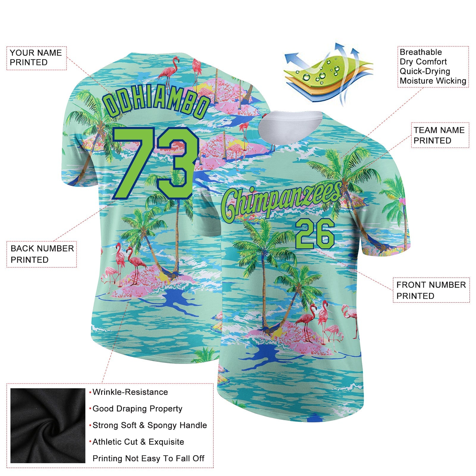 Custom Lakes Blue Neon Green-Navy 3D Pattern Design Beach Hawaii Palm Trees And Flamingo Performance T-Shirt view 2