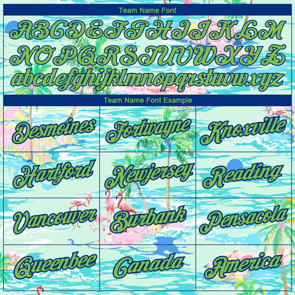 Custom Lakes Blue Neon Green-Navy 3D Pattern Design Beach Hawaii Palm Trees And Flamingo Performance T-Shirt view 3