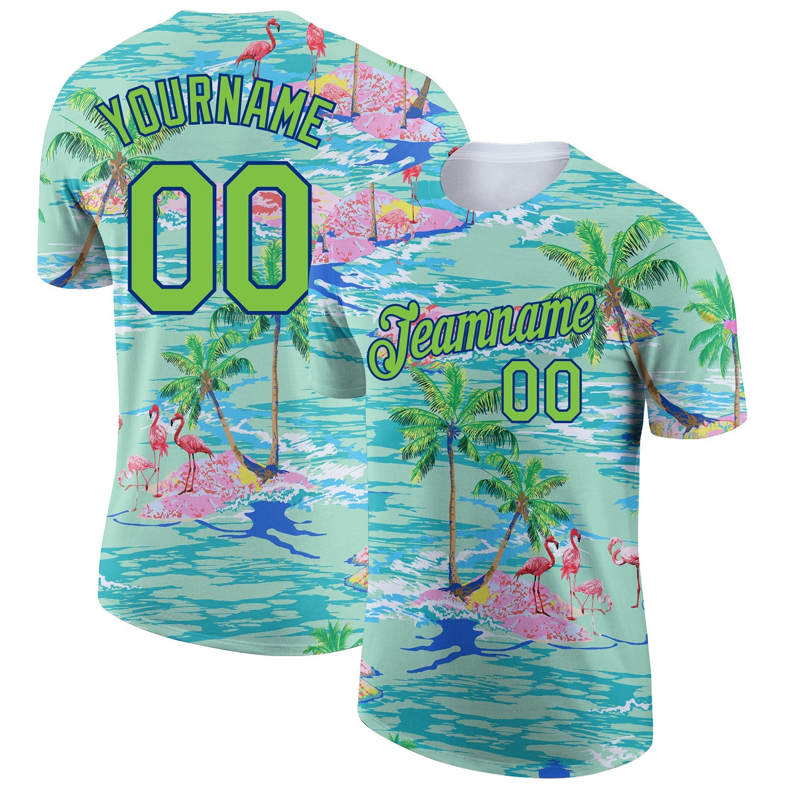 Custom Lakes Blue Neon Green-Navy 3D Pattern Design Beach Hawaii Palm Trees And Flamingo Performance T-Shirt - Main View