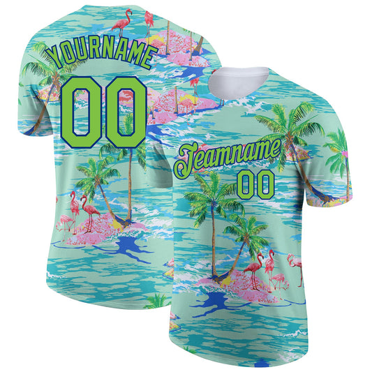 Custom Lakes Blue Neon Green-Navy 3D Pattern Design Beach Hawaii Palm Trees And Flamingo Performance T-Shirt - Main View