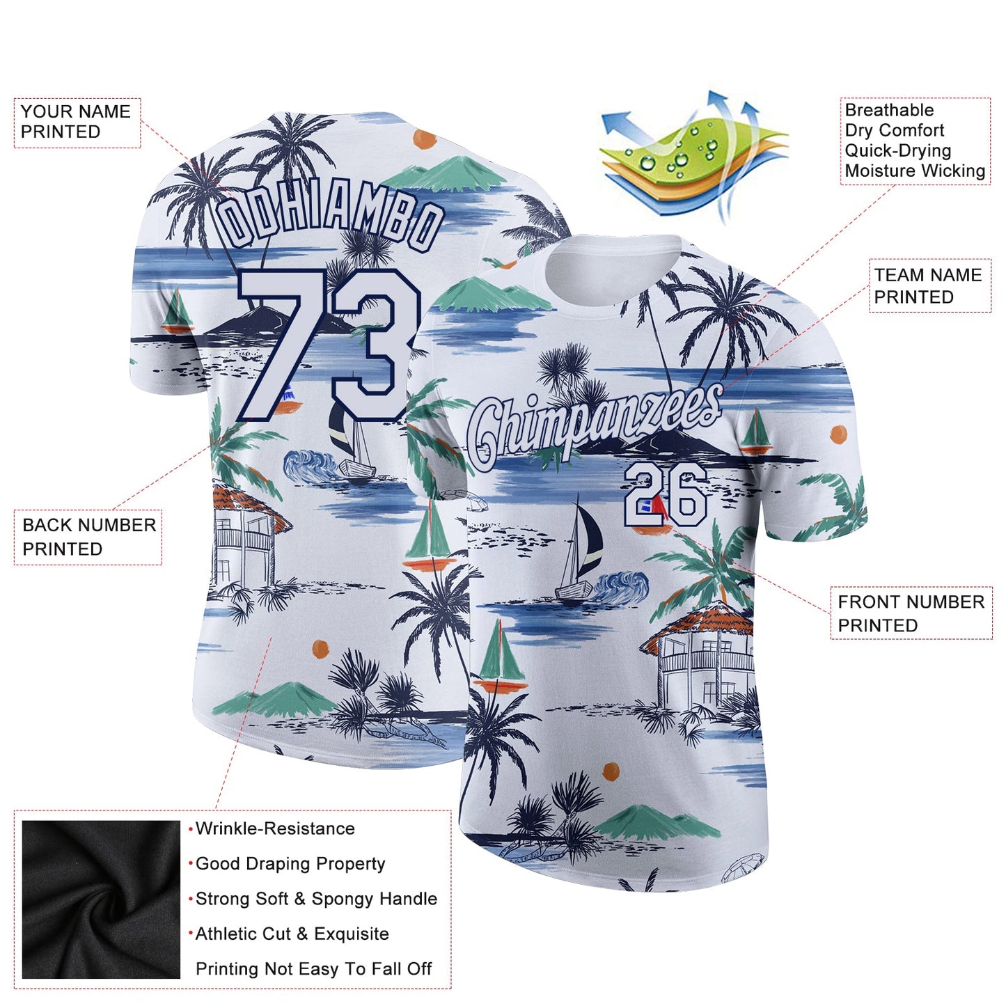 Custom White Navy 3D Pattern Design Hawaii Palm Trees Island And Sailboat Performance T-Shirt view 2
