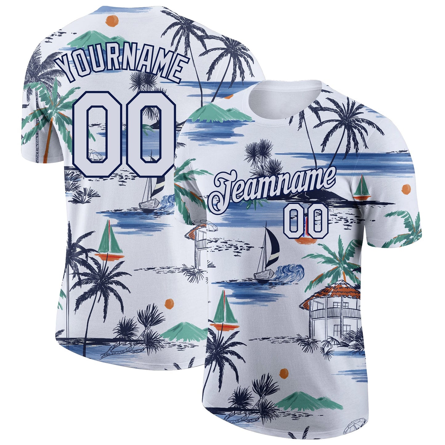 Custom White Navy 3D Pattern Design Hawaii Palm Trees Island And Sailboat Performance T-Shirt - Main View