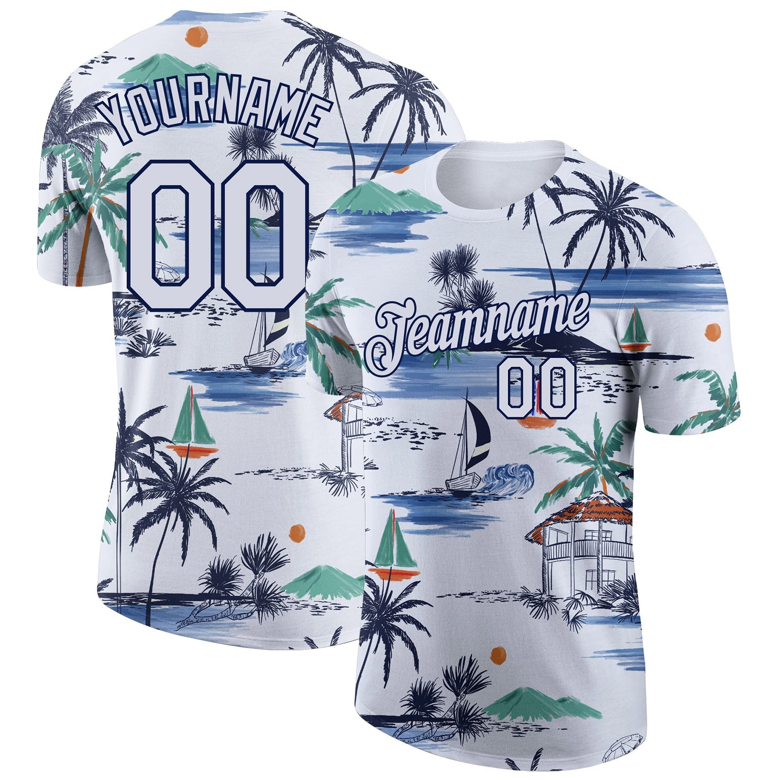 Custom White Navy 3D Pattern Design Hawaii Palm Trees Island And Sailboat Performance T-Shirt - Main View