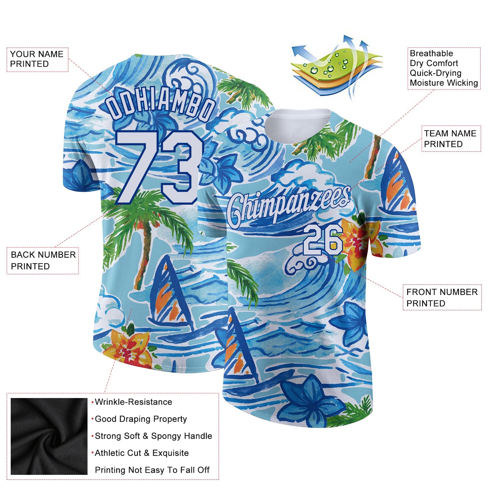 Custom White Royal 3D Pattern Design Beach Hawaii Palm Trees And Flowers Performance T-Shirt view 2