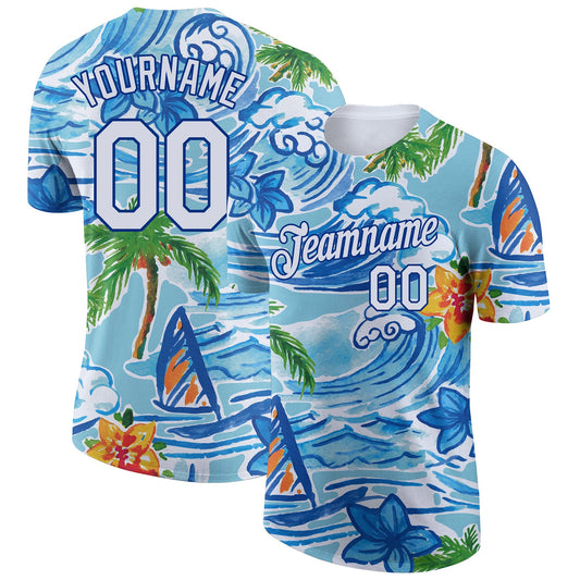 Custom White Royal 3D Pattern Design Beach Hawaii Palm Trees And Flowers Performance T-Shirt - Main View