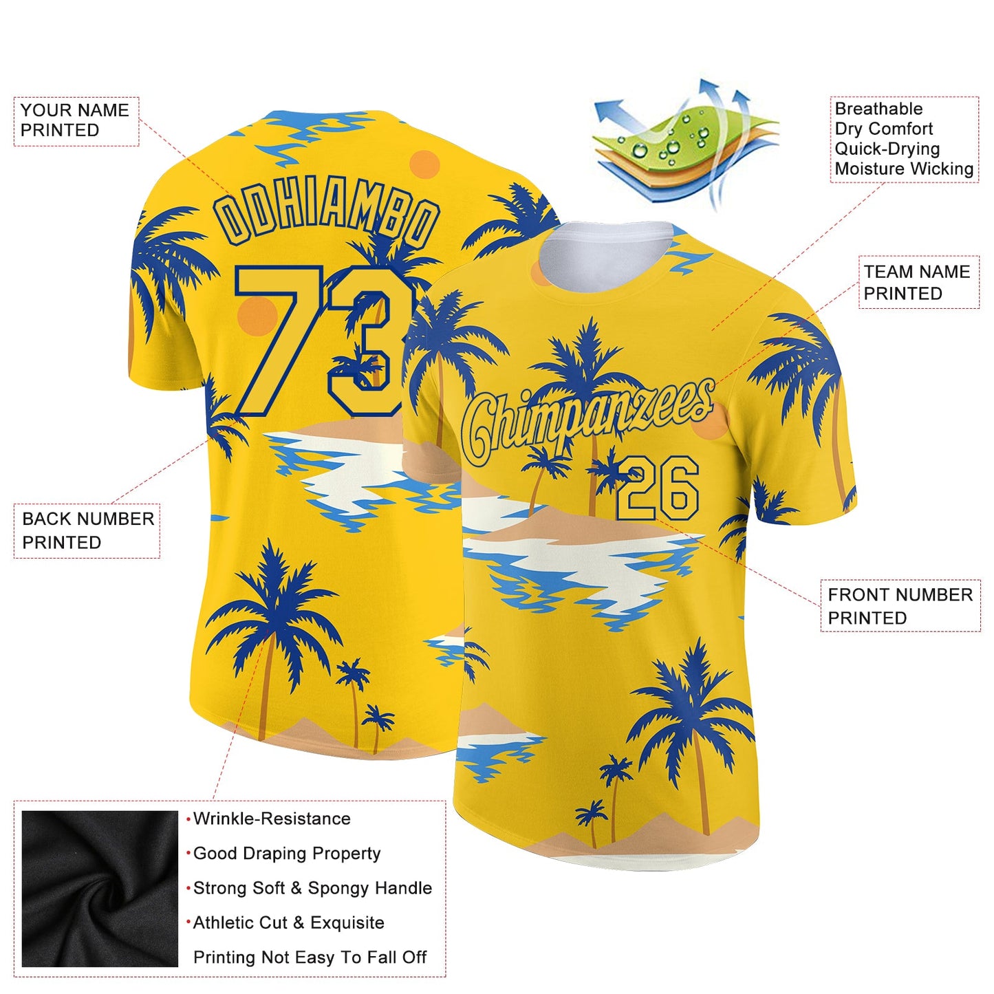 Custom Yellow Royal 3D Pattern Design Sun Beach Hawaii Palm Trees Performance T-Shirt view 2