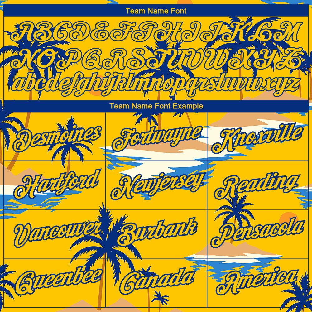 Custom Yellow Royal 3D Pattern Design Sun Beach Hawaii Palm Trees Performance T-Shirt view 3