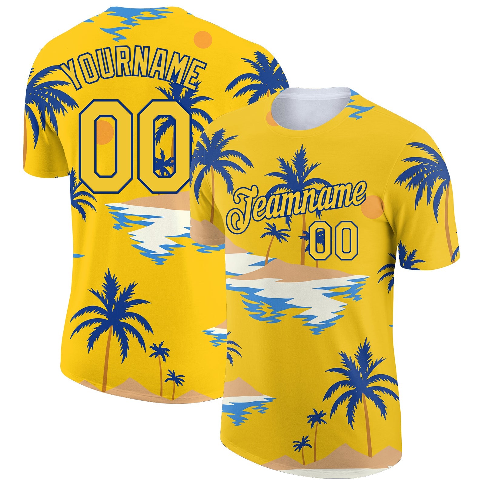 Custom Yellow Royal 3D Pattern Design Sun Beach Hawaii Palm Trees Performance T-Shirt - Main View
