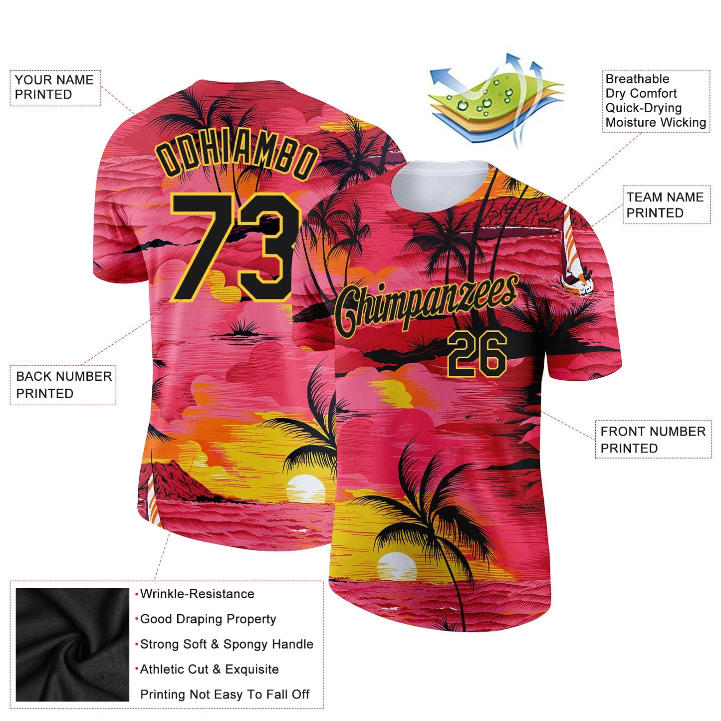 Custom Red Black-Gold 3D Pattern Design Sun Beach Hawaii Palm Trees Performance T-Shirt view 2