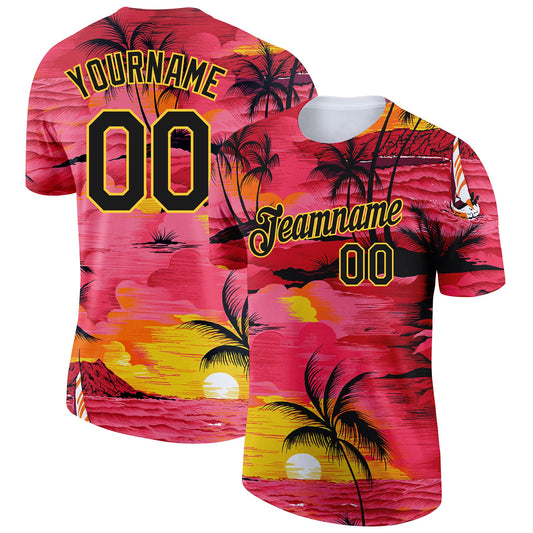 Custom Red Black-Gold 3D Pattern Design Sun Beach Hawaii Palm Trees Performance T-Shirt - Main View