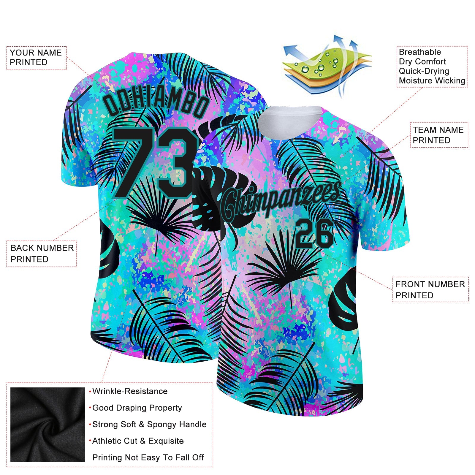 Custom Teal Black 3D Pattern Design Hawaii Palm Leaves Performance T-Shirt view 2