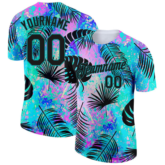 Custom Teal Black 3D Pattern Design Hawaii Palm Leaves Performance T-Shirt - Main View