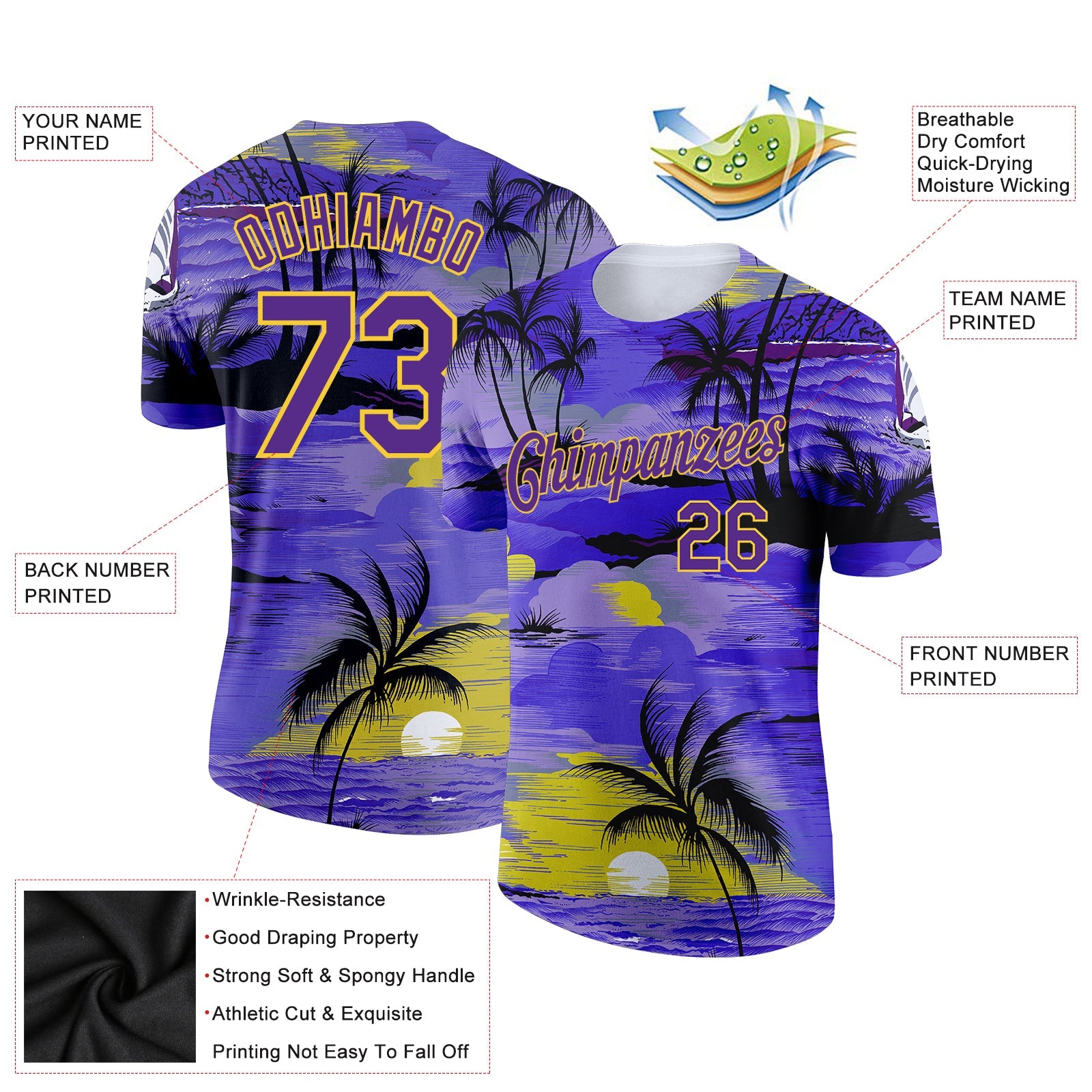 Custom Purple Yellow 3D Pattern Design Sun Beach Hawaii Palm Trees Performance T-Shirt view 2