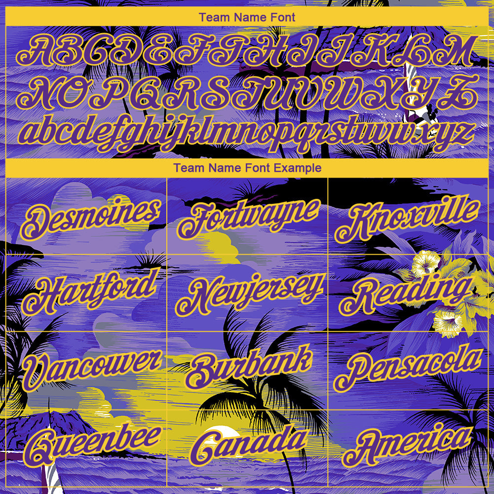 Custom Purple Yellow 3D Pattern Design Sun Beach Hawaii Palm Trees Performance T-Shirt view 3
