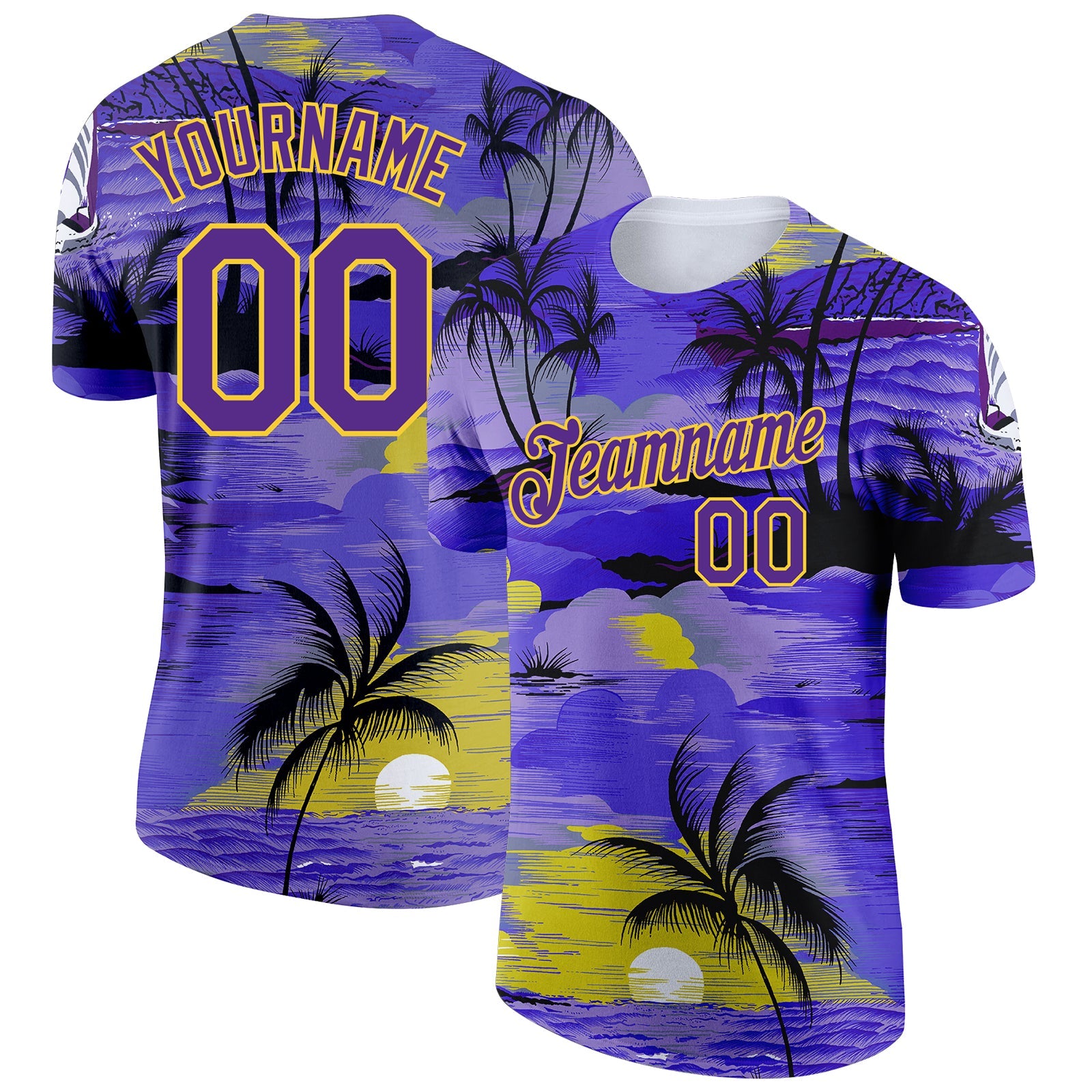 Custom Purple Yellow 3D Pattern Design Sun Beach Hawaii Palm Trees Performance T-Shirt - Main View
