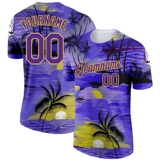 Custom Purple Yellow 3D Pattern Design Sun Beach Hawaii Palm Trees Performance T-Shirt - Main View