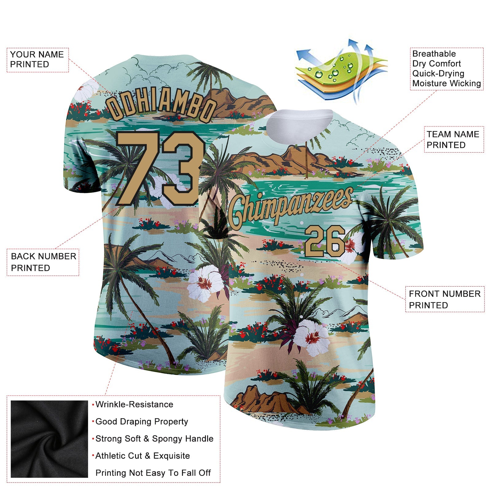 Custom Aqua Old Gold-Black 3D Pattern Design Hawaii Palm Trees And Flowers Performance T-Shirt view 2