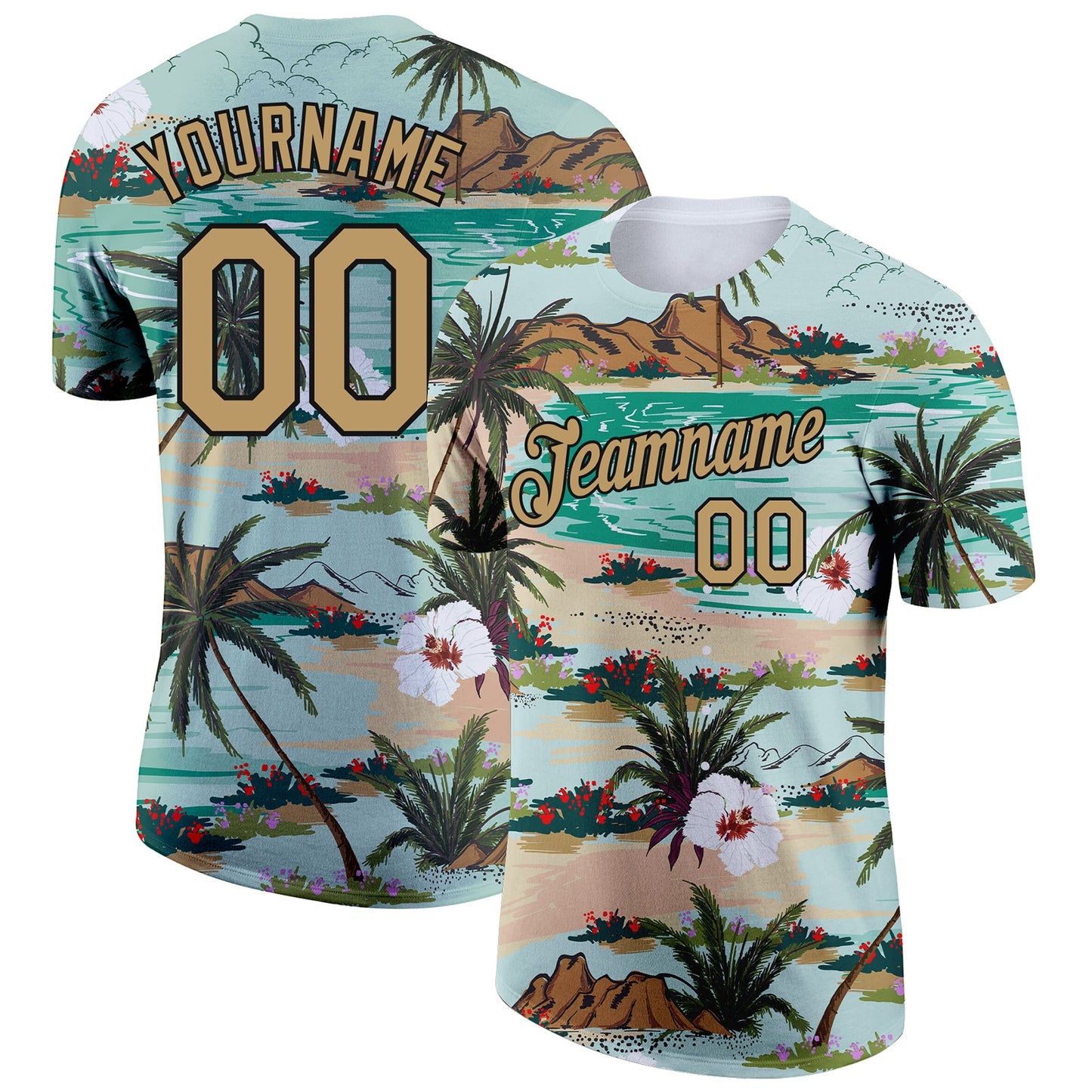 Custom Aqua Old Gold-Black 3D Pattern Design Hawaii Palm Trees And Flowers Performance T-Shirt - Main View